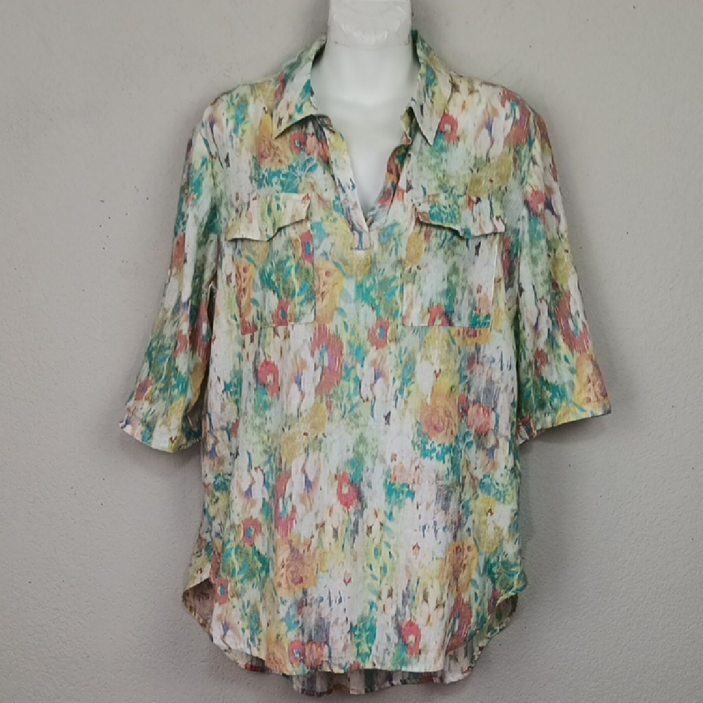 Westbound Womens Linen Blend Watercolor Abstract Print Lagenlook Tunic Top sz M